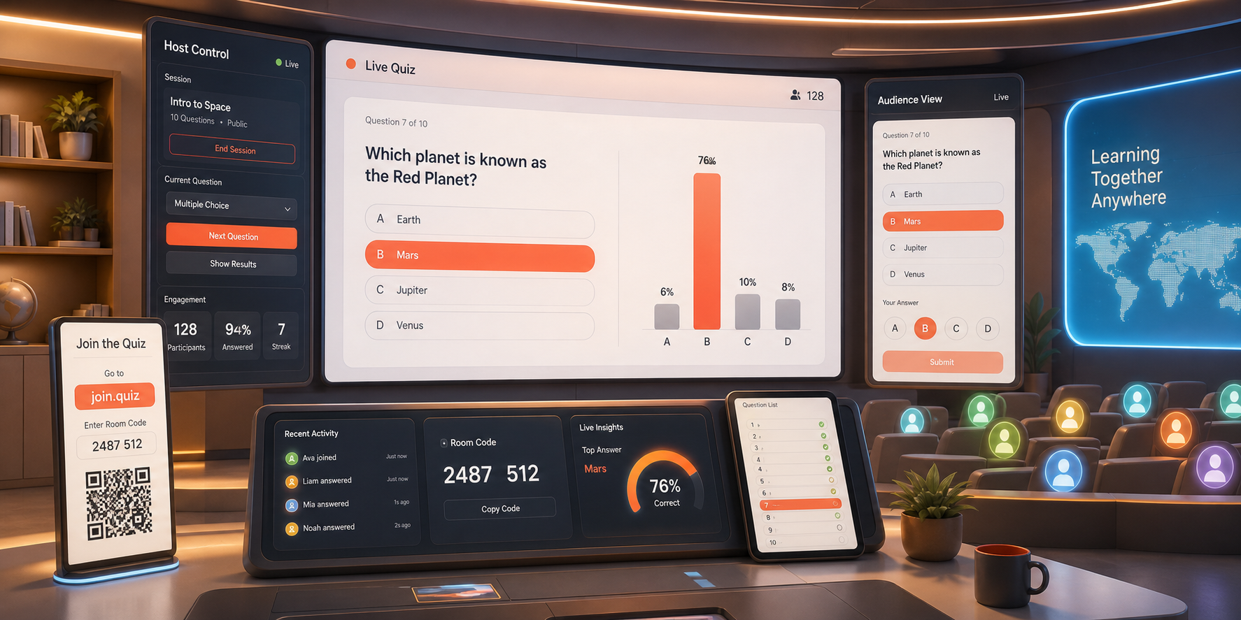 Lobby SparkQuiz avec code PIN, QR code et arrivée des joueurs